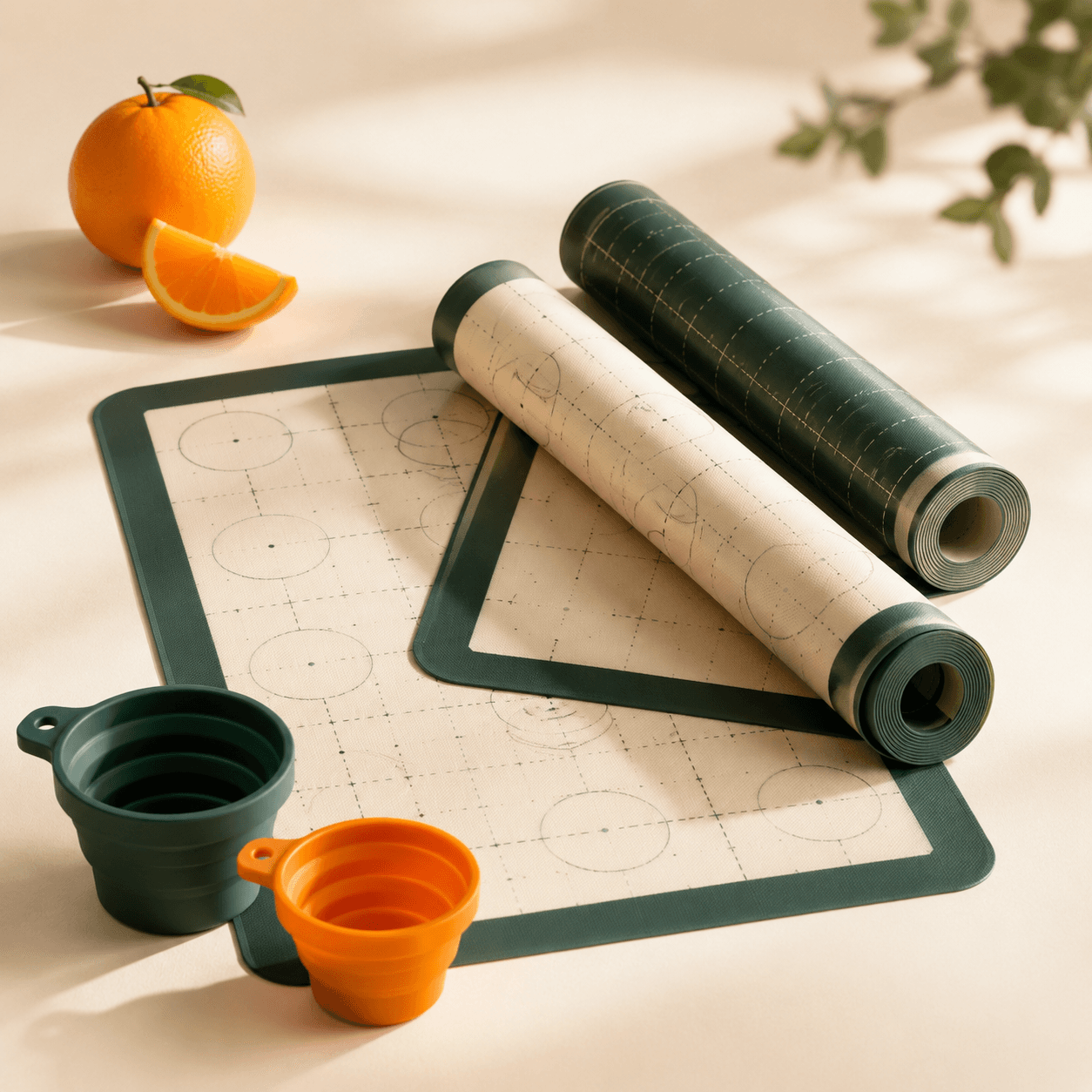 Three pine and cream silicone baking mats with two collapsible measuring cups