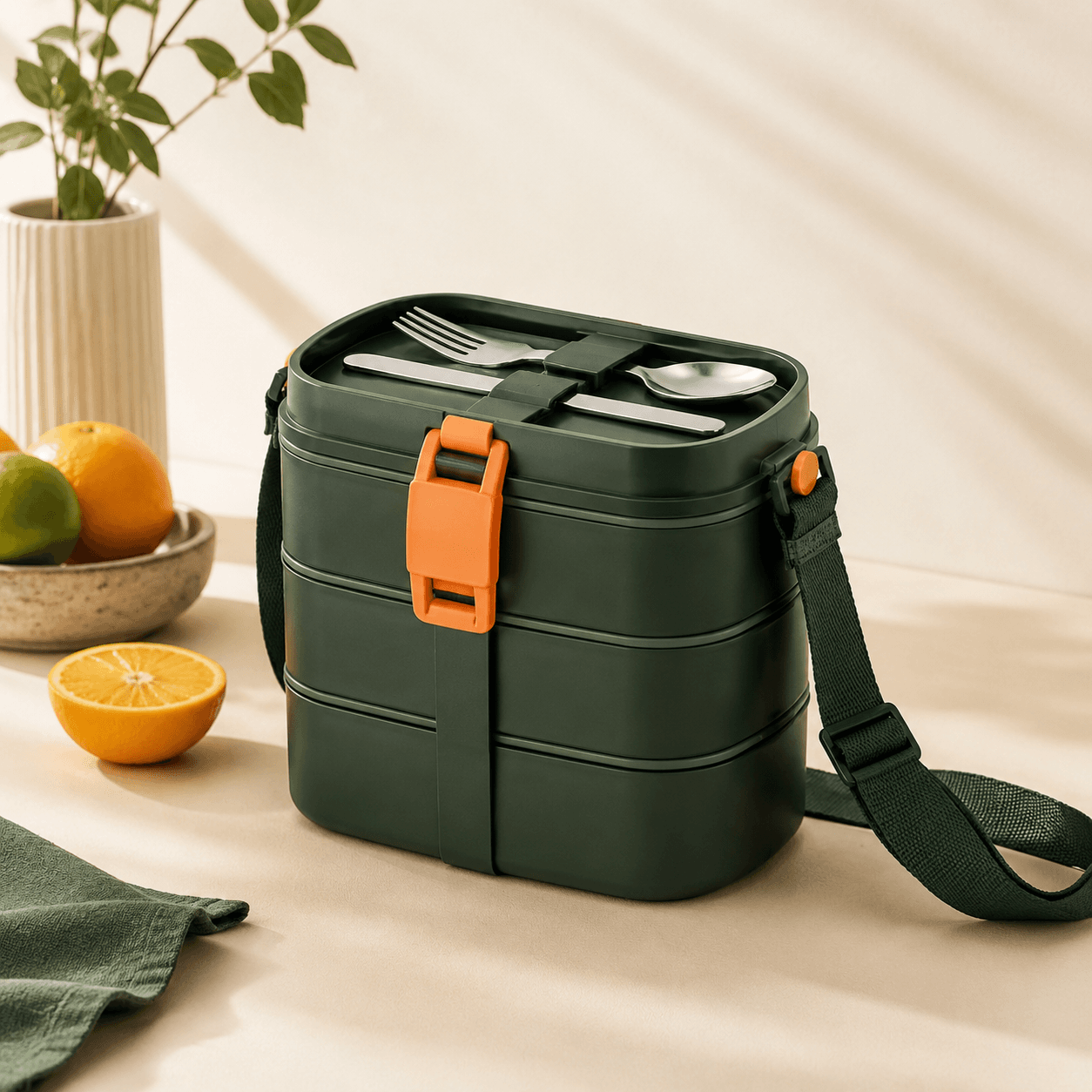 Three-tier travel bento box in pine with cutlery and a carry strap