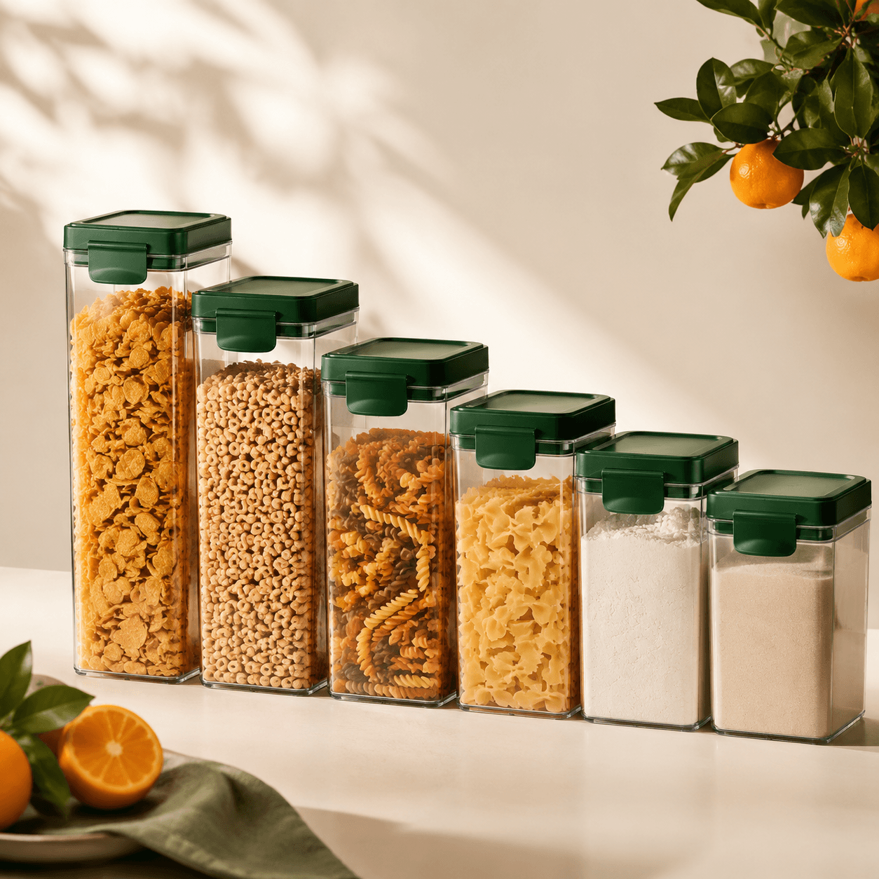 Six clear airtight pantry canisters with pine flip-lock lids for cereal and pasta