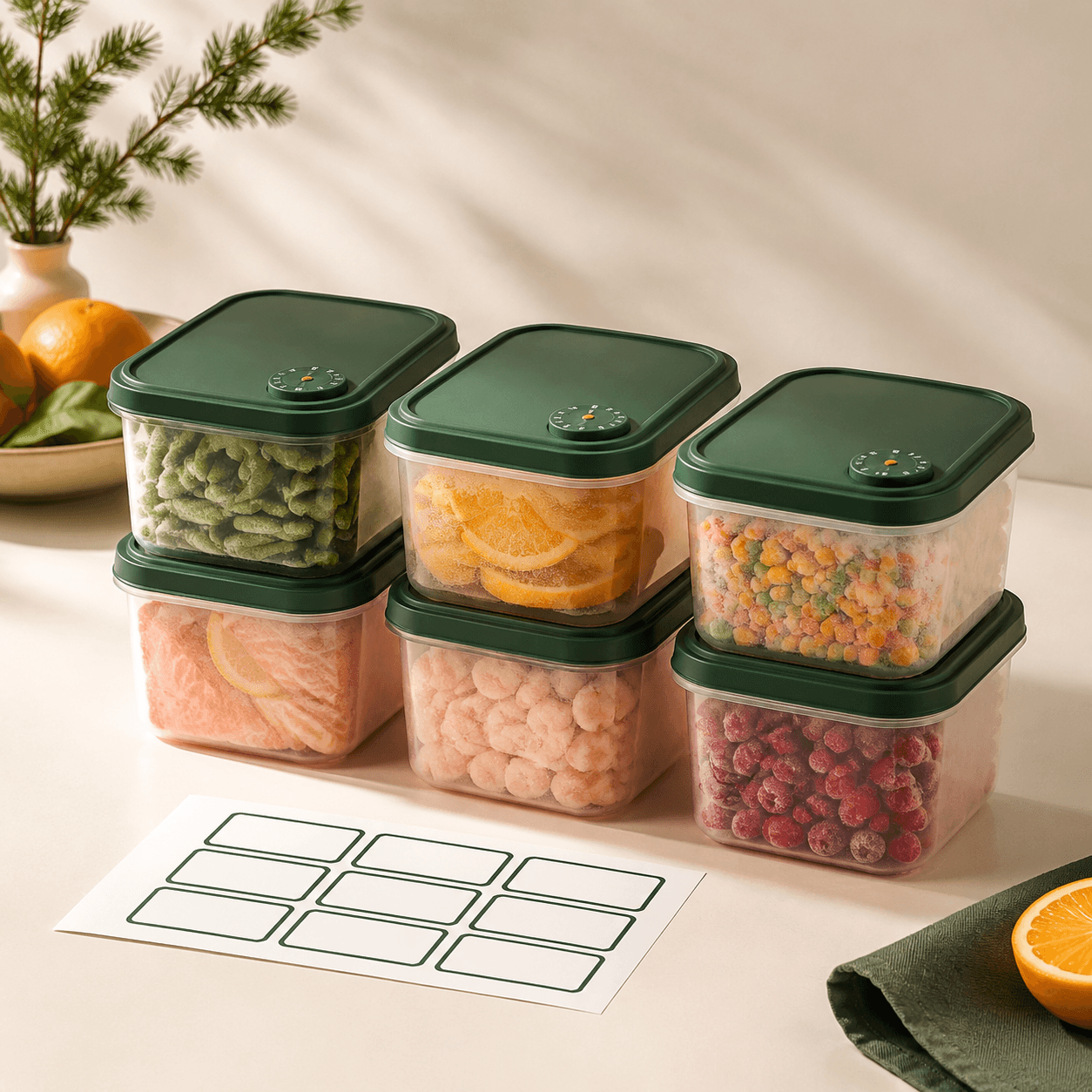 Six clear freezer storage boxes with pine date-dial lids and label stickers