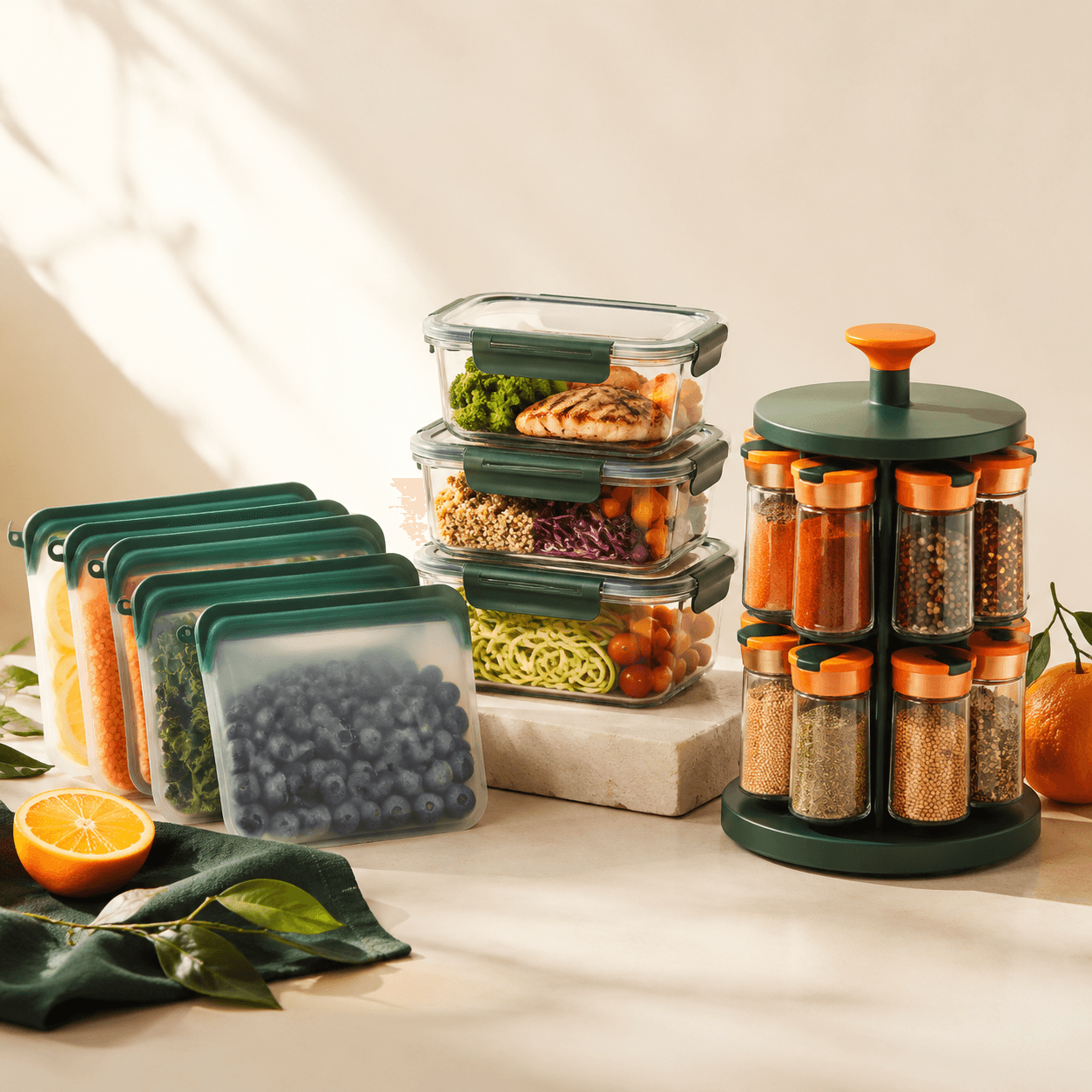 Family meal prep master bundle with silicone bags, meal prep boxes and a spice carousel
