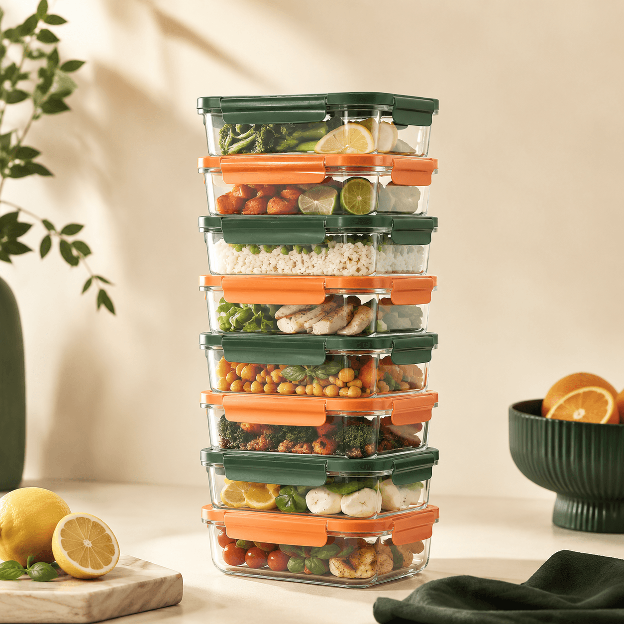 Eight stackable crystal-clear Tritan meal prep containers with pine and citrus locking lids