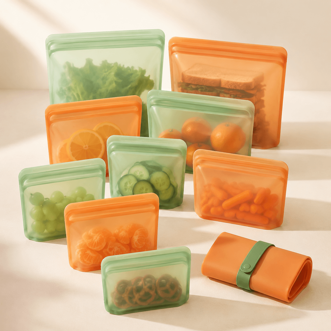 Ten reusable citrus and mint silicone snack bags with a folding carry pouch