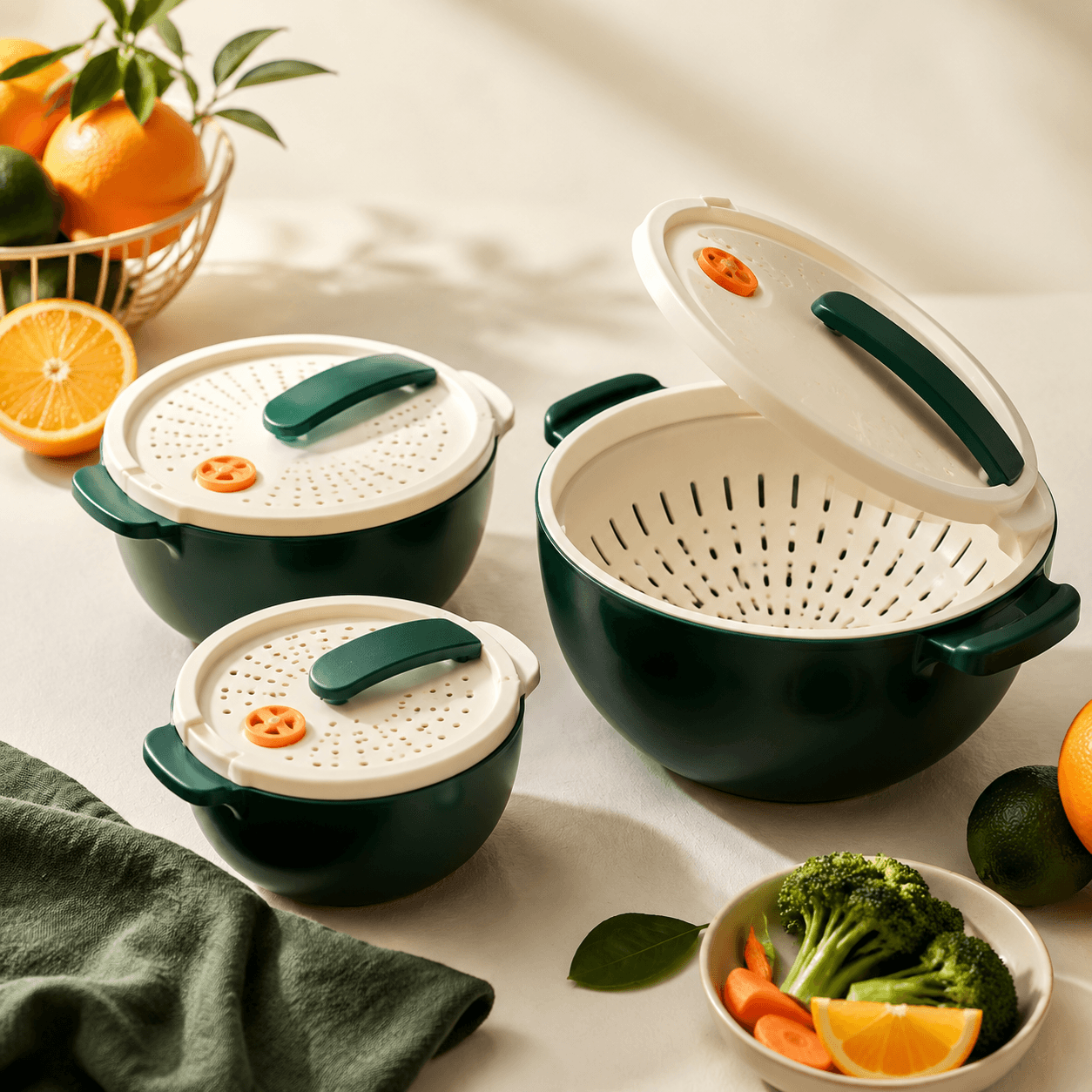 Three nesting microwave steam bowls with strainer lids in pine and cream