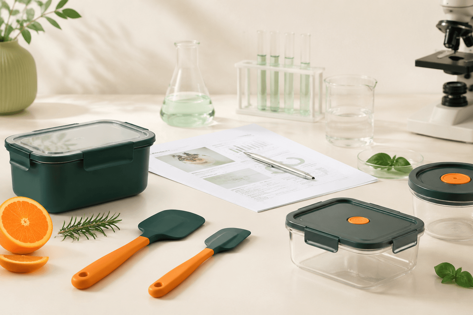 Food-safety lab bench inspecting kitchen storage samples